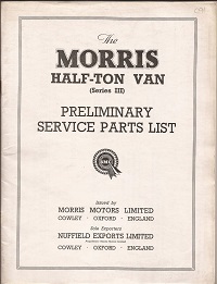 Morris Half Ton Van Preliminary Service Parts List