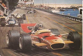 Alan Preece postcard illustrating Graham Hill at the 1969 Monaco Grand Prix